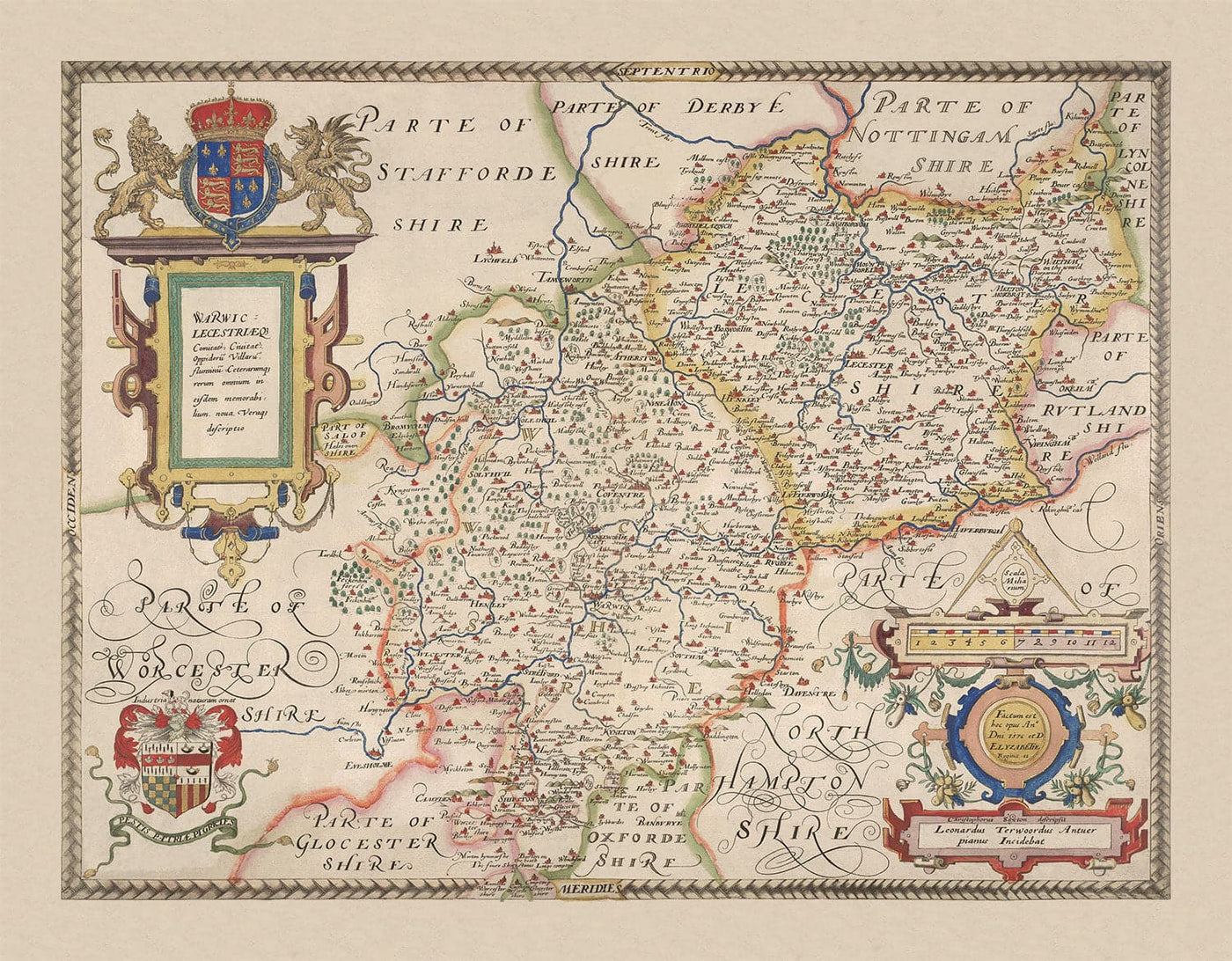 Ancienne carte de Warwick - Leicester 1579, par Christopher Saxton - Birmingham, Coventry, Solihull, Nuneaton