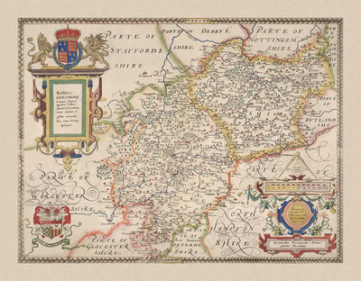 Ancienne carte de Warwick - Leicester 1579, par Christopher Saxton - Birmingham, Coventry, Solihull, Nuneaton