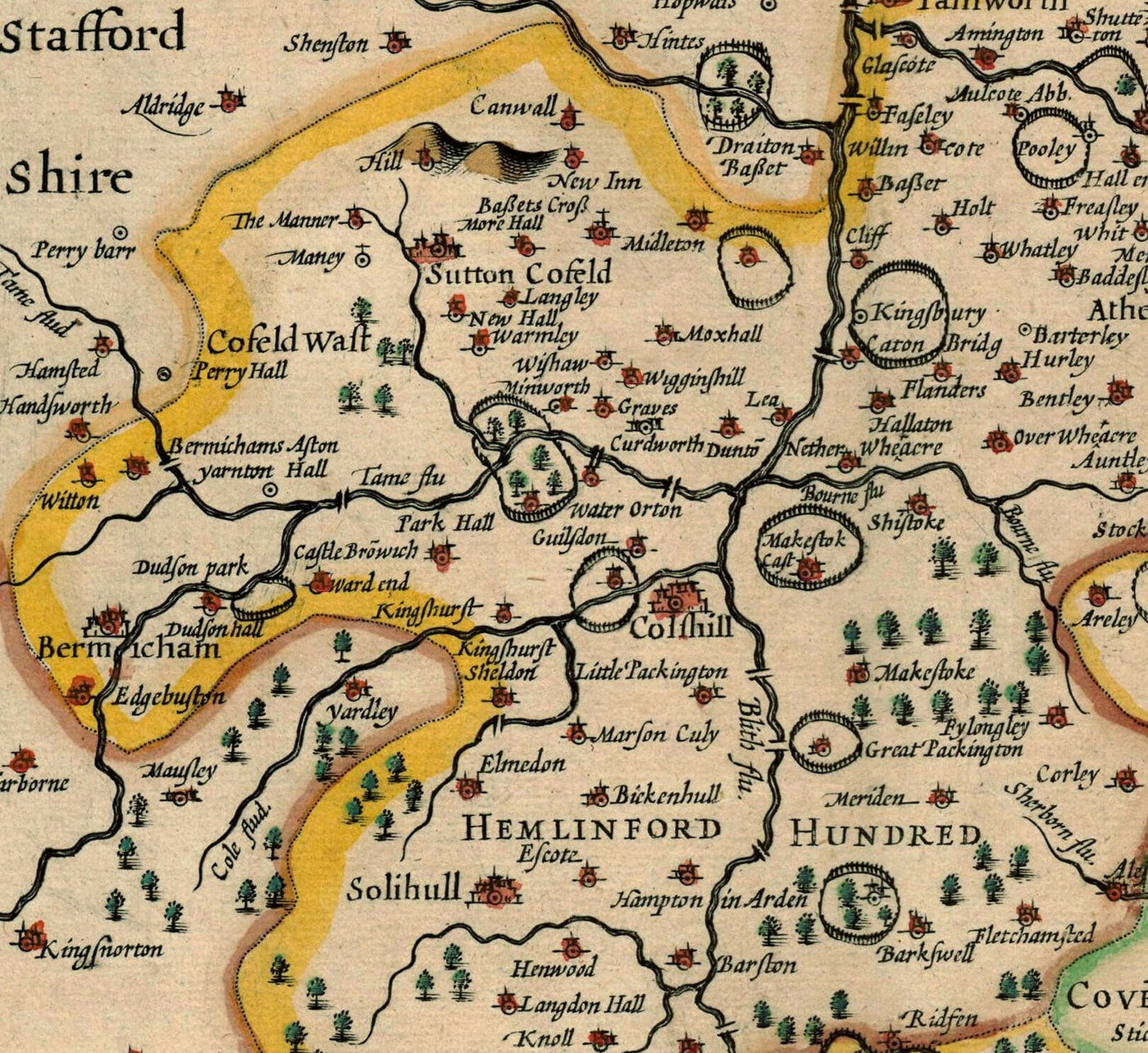 Old Map of Warwickshire in 1611 by John Speed - Birmingham, Coventry, Solihull, Warwick