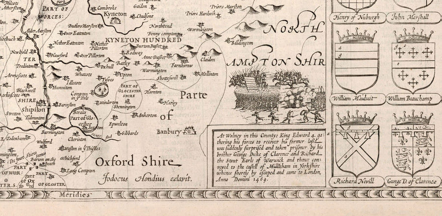 Ancienne carte de Warwickshire en 1611 par John Speed ​​- Birmingham, Coventry, Solihull, Warwick