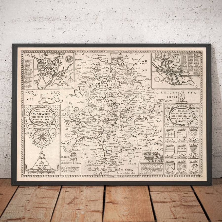 Ancienne carte de Warwickshire en 1611 par John Speed ​​- Birmingham, Coventry, Solihull, Warwick