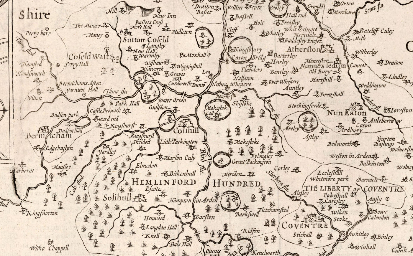 Ancienne carte de Warwickshire en 1611 par John Speed ​​- Birmingham, Coventry, Solihull, Warwick