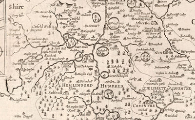 Ancienne carte de Warwickshire en 1611 par John Speed ​​- Birmingham, Coventry, Solihull, Warwick