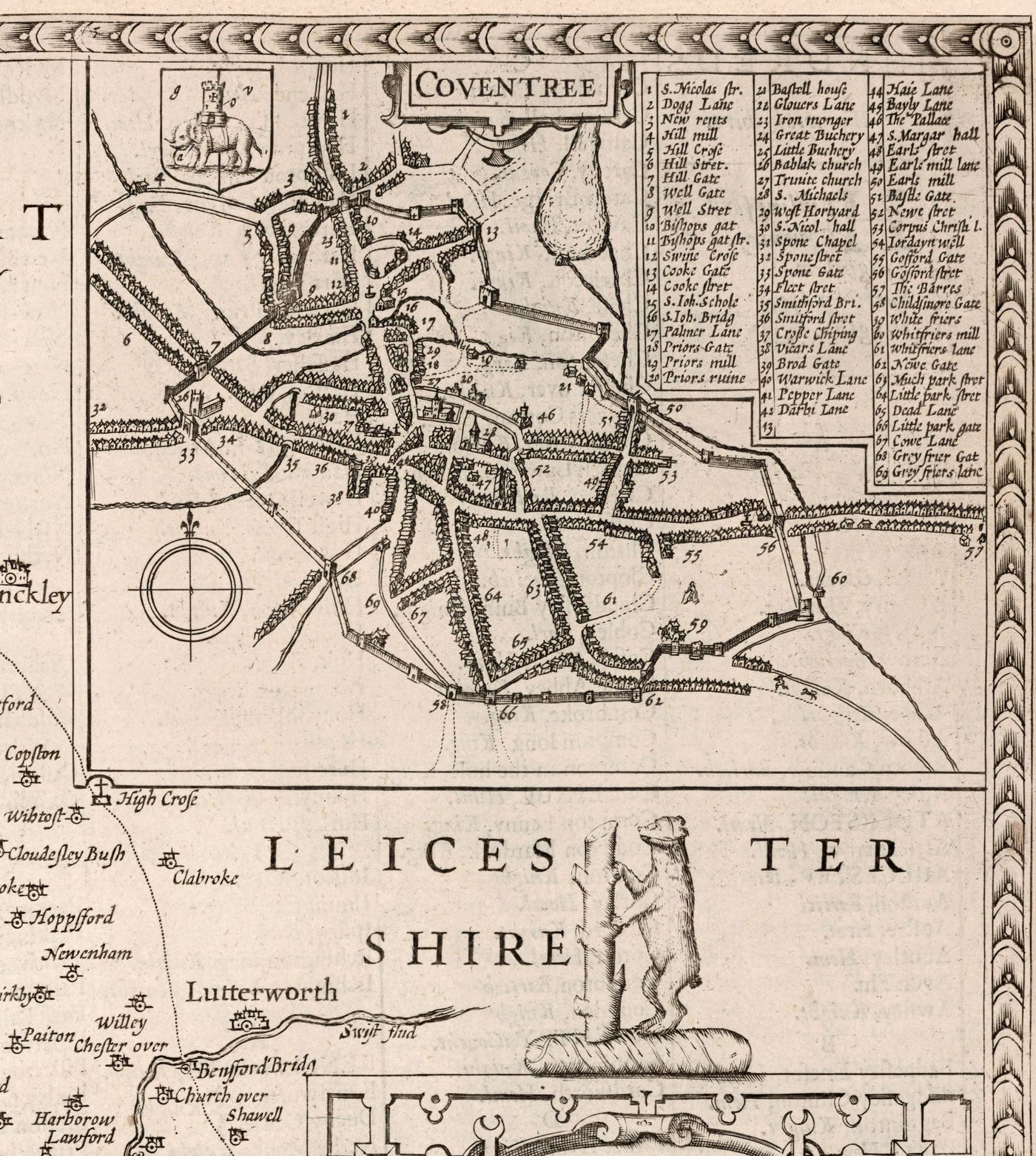 Ancienne carte de Warwickshire en 1611 par John Speed ​​- Birmingham, Coventry, Solihull, Warwick