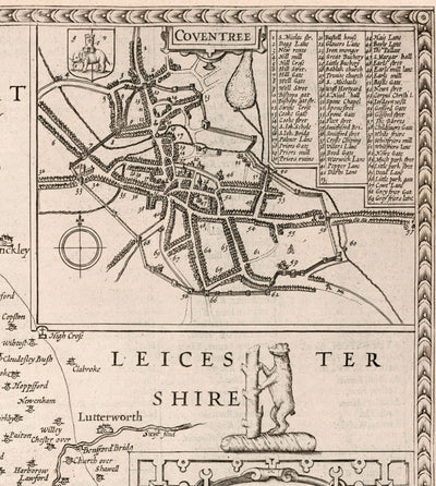 Ancienne carte de Warwickshire en 1611 par John Speed ​​- Birmingham, Coventry, Solihull, Warwick