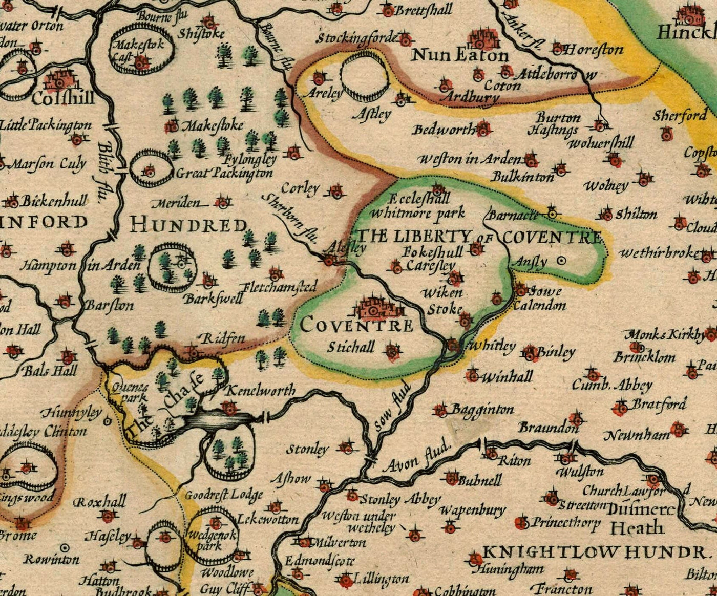 Old Map of Warwickshire in 1611 by John Speed - Birmingham, Coventry, Solihull, Warwick