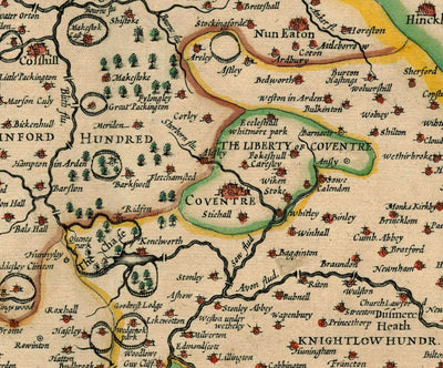 Old Map of Warwickshire in 1611 by John Speed - Birmingham, Coventry, Solihull, Warwick