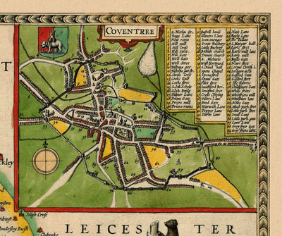 Old Map of Warwickshire in 1611 by John Speed - Birmingham, Coventry, Solihull, Warwick