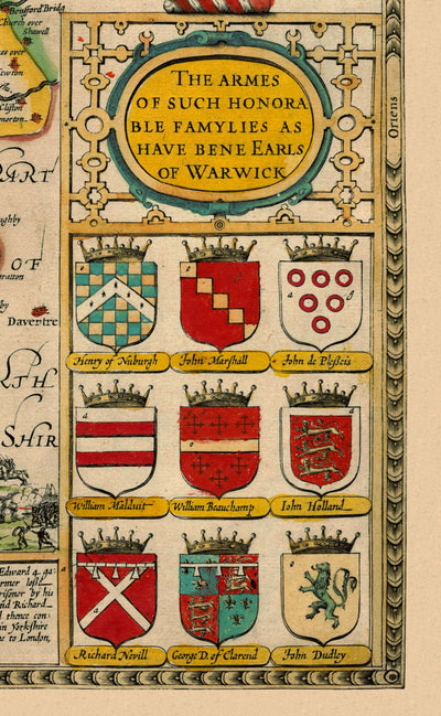 Old Map of Warwickshire in 1611 by John Speed - Birmingham, Coventry, Solihull, Warwick