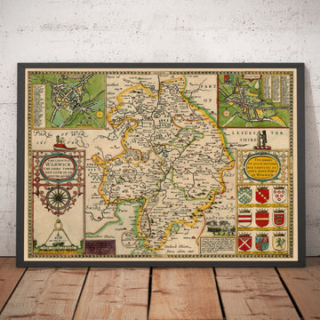 Viejo mapa de Warwickshire en 1611 por John Speed ​​- Birmingham, Coventry, Solihull, Warwick