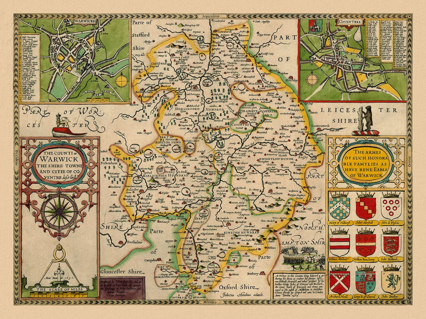 Old Map of Warwickshire in 1611 by John Speed - Birmingham, Coventry, Solihull, Warwick