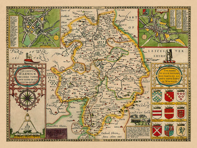 Old Map of Warwickshire in 1611 by John Speed - Birmingham, Coventry, Solihull, Warwick