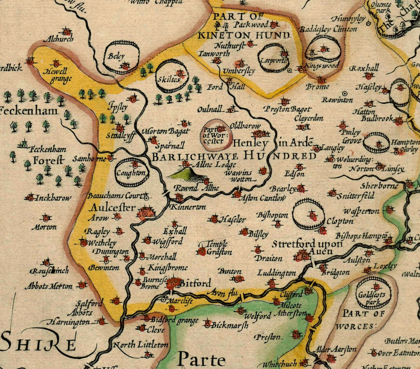 Old Map of Warwickshire in 1611 by John Speed - Birmingham, Coventry, Solihull, Warwick