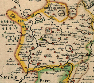 Old Map of Warwickshire in 1611 by John Speed - Birmingham, Coventry, Solihull, Warwick