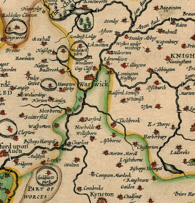 Old Map of Warwickshire in 1611 by John Speed - Birmingham, Coventry, Solihull, Warwick