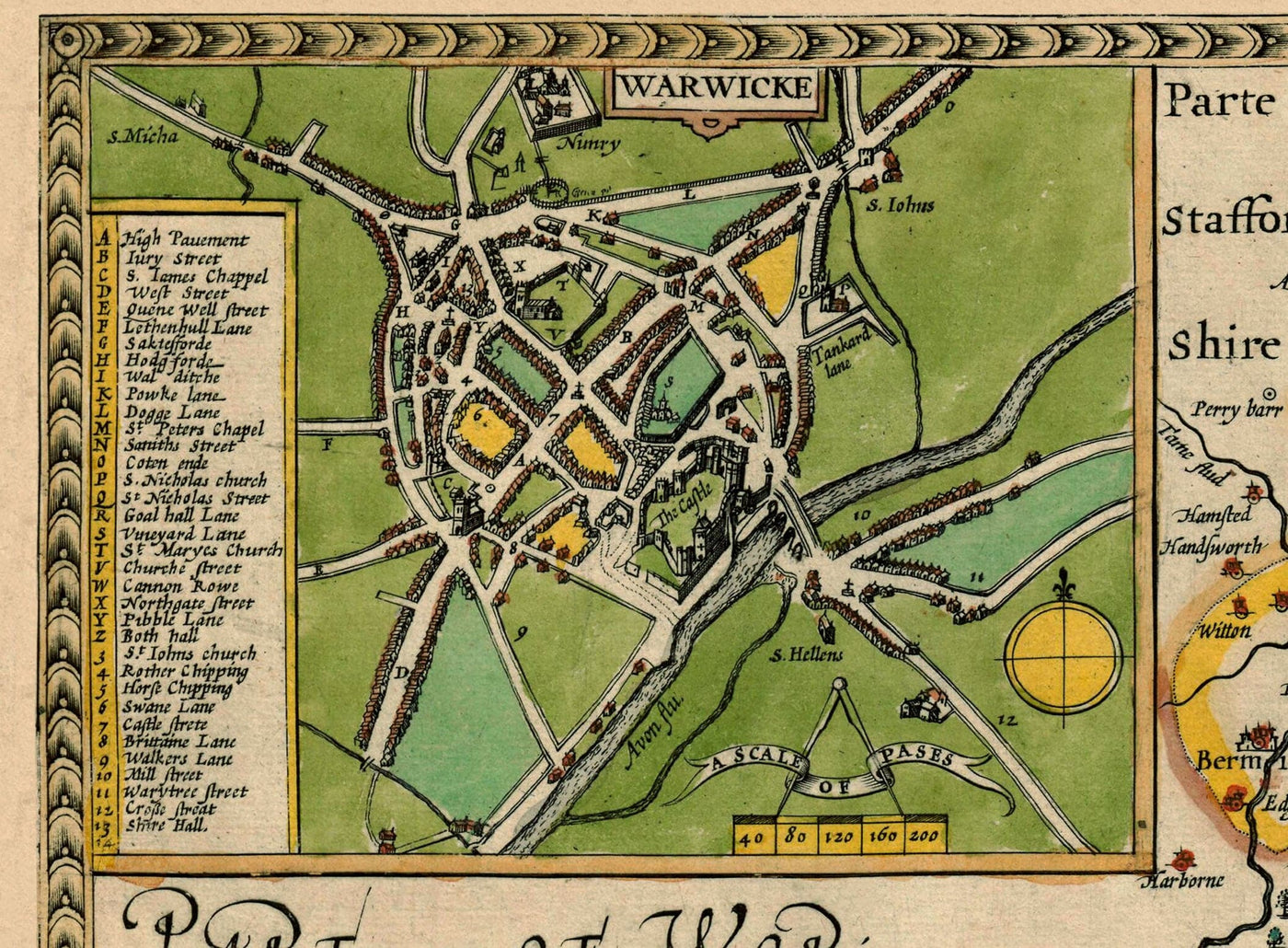 Old Map of Warwickshire in 1611 by John Speed - Birmingham, Coventry, Solihull, Warwick