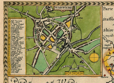 Old Map of Warwickshire in 1611 by John Speed - Birmingham, Coventry, Solihull, Warwick