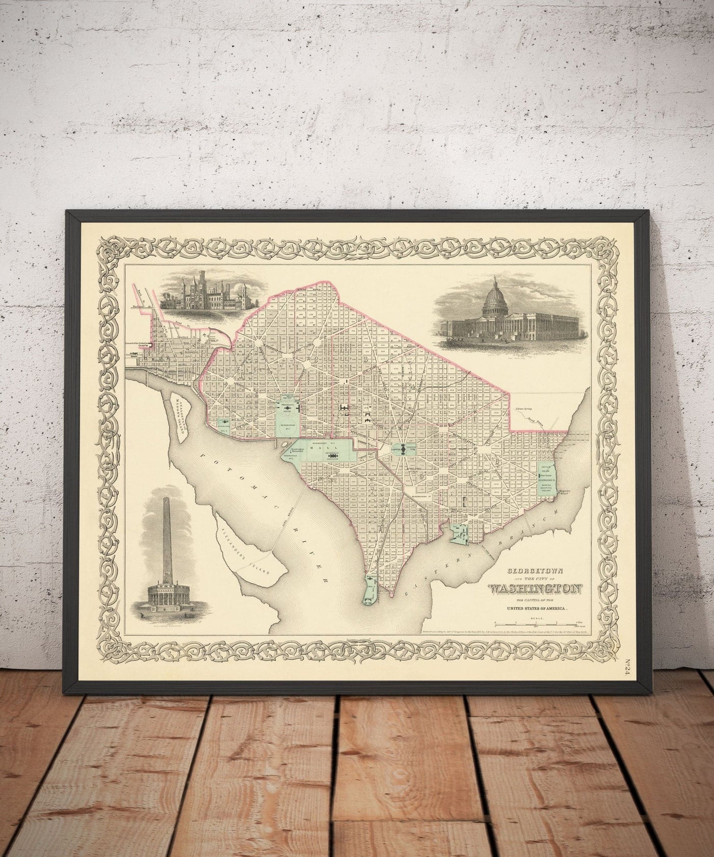 Viejo mapa de Washington DC, 1855 de Colton - Georgetown, Capitol, Monumento, Casa Blanca del Presidente, Smithsonian