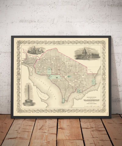 Viejo mapa de Washington DC, 1855 de Colton - Georgetown, Capitol, Monumento, Casa Blanca del Presidente, Smithsonian