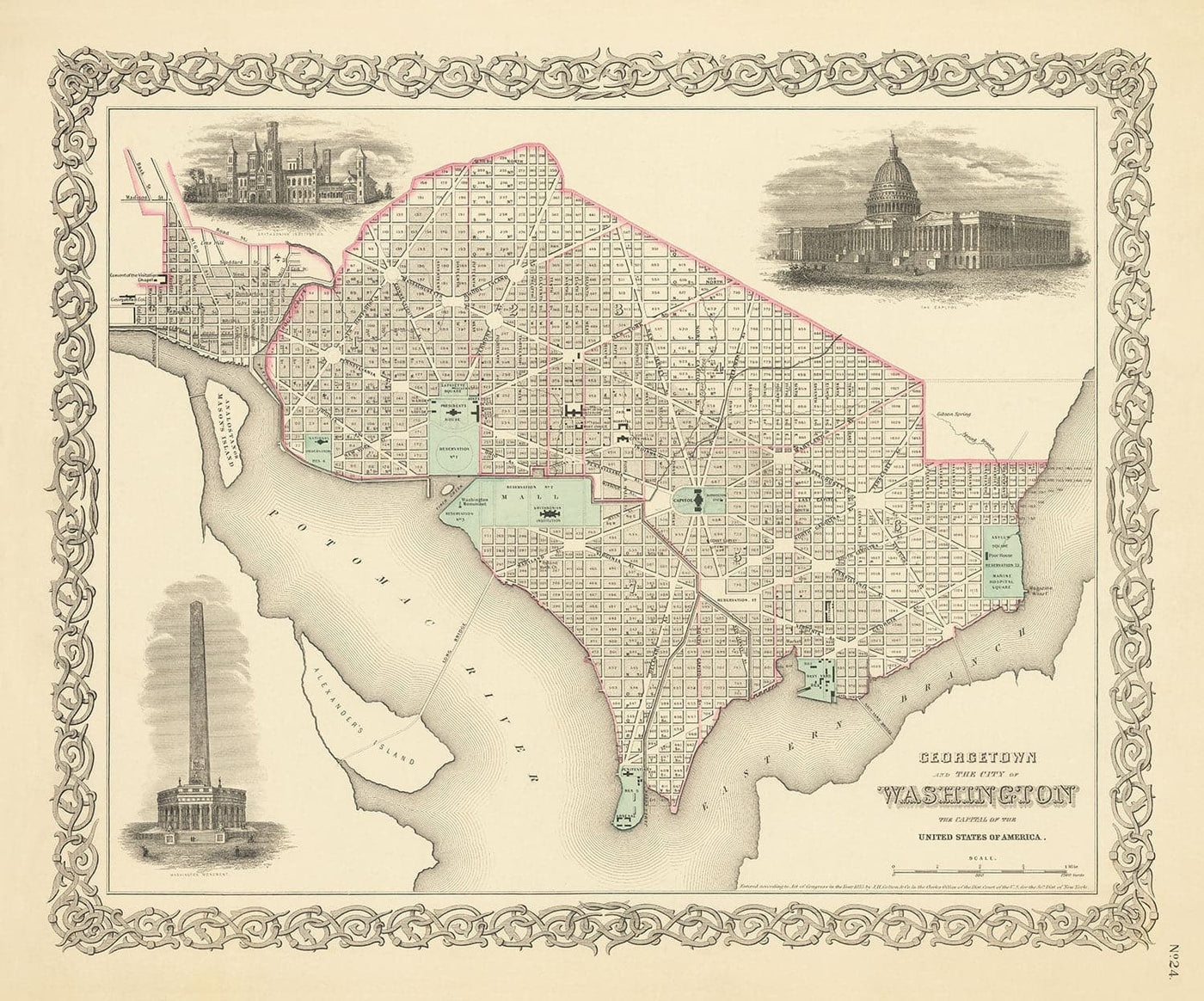 Viejo mapa de Washington DC, 1855 de Colton - Georgetown, Capitol, Monumento, Casa Blanca del Presidente, Smithsonian