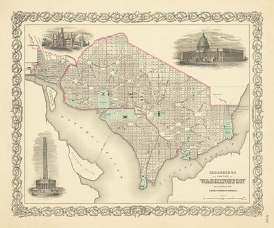 Viejo mapa de Washington DC, 1855 de Colton - Georgetown, Capitol, Monumento, Casa Blanca del Presidente, Smithsonian