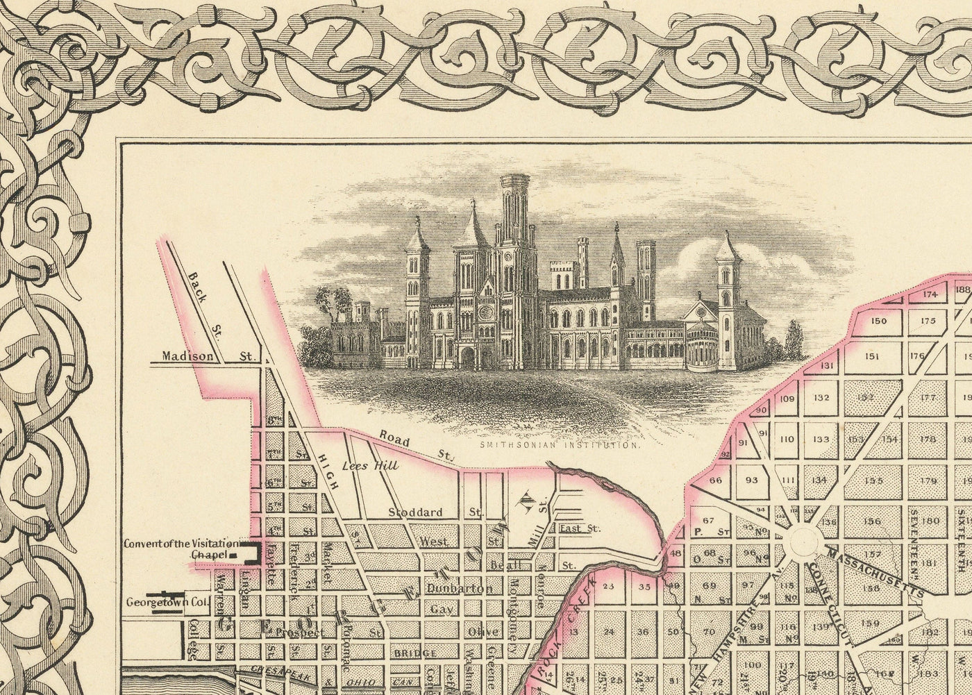 Viejo mapa de Washington DC, 1855 de Colton - Georgetown, Capitol, Monumento, Casa Blanca del Presidente, Smithsonian