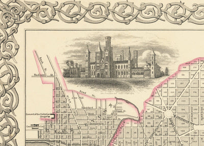 Viejo mapa de Washington DC, 1855 de Colton - Georgetown, Capitol, Monumento, Casa Blanca del Presidente, Smithsonian