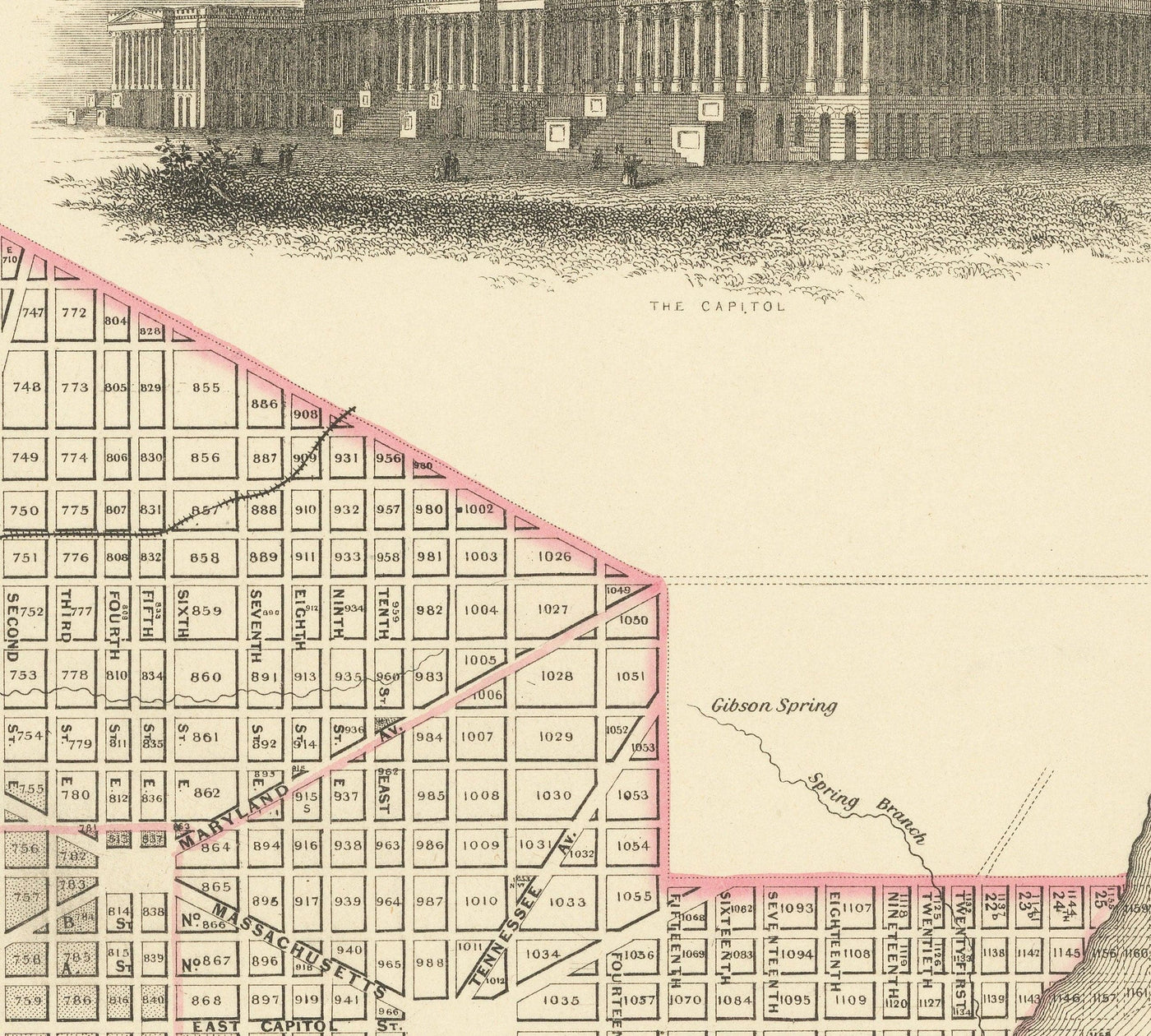 Viejo mapa de Washington DC, 1855 de Colton - Georgetown, Capitol, Monumento, Casa Blanca del Presidente, Smithsonian