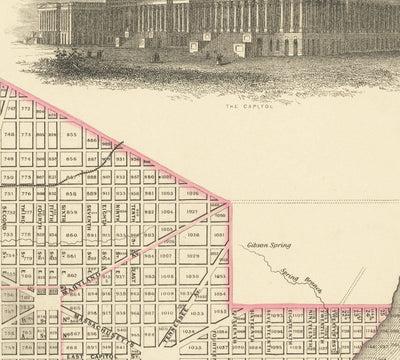 Viejo mapa de Washington DC, 1855 de Colton - Georgetown, Capitol, Monumento, Casa Blanca del Presidente, Smithsonian