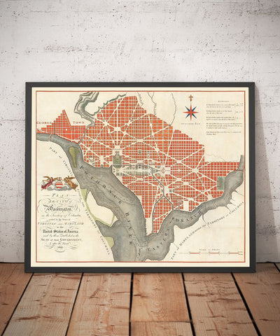 Mapa muy antiguo de Washington DC, 1795 de John Russell - Georgetown, Casa Blanca, Capitolio, Casa Blanca, Plan de la Ciudad