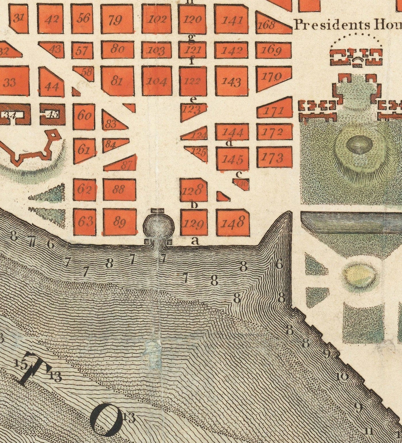 Mapa muy antiguo de Washington DC, 1795 de John Russell - Georgetown, Casa Blanca, Capitolio, Casa Blanca, Plan de la Ciudad