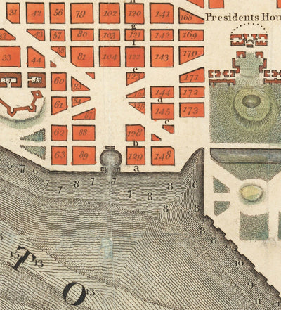 Mapa muy antiguo de Washington DC, 1795 de John Russell - Georgetown, Casa Blanca, Capitolio, Casa Blanca, Plan de la Ciudad