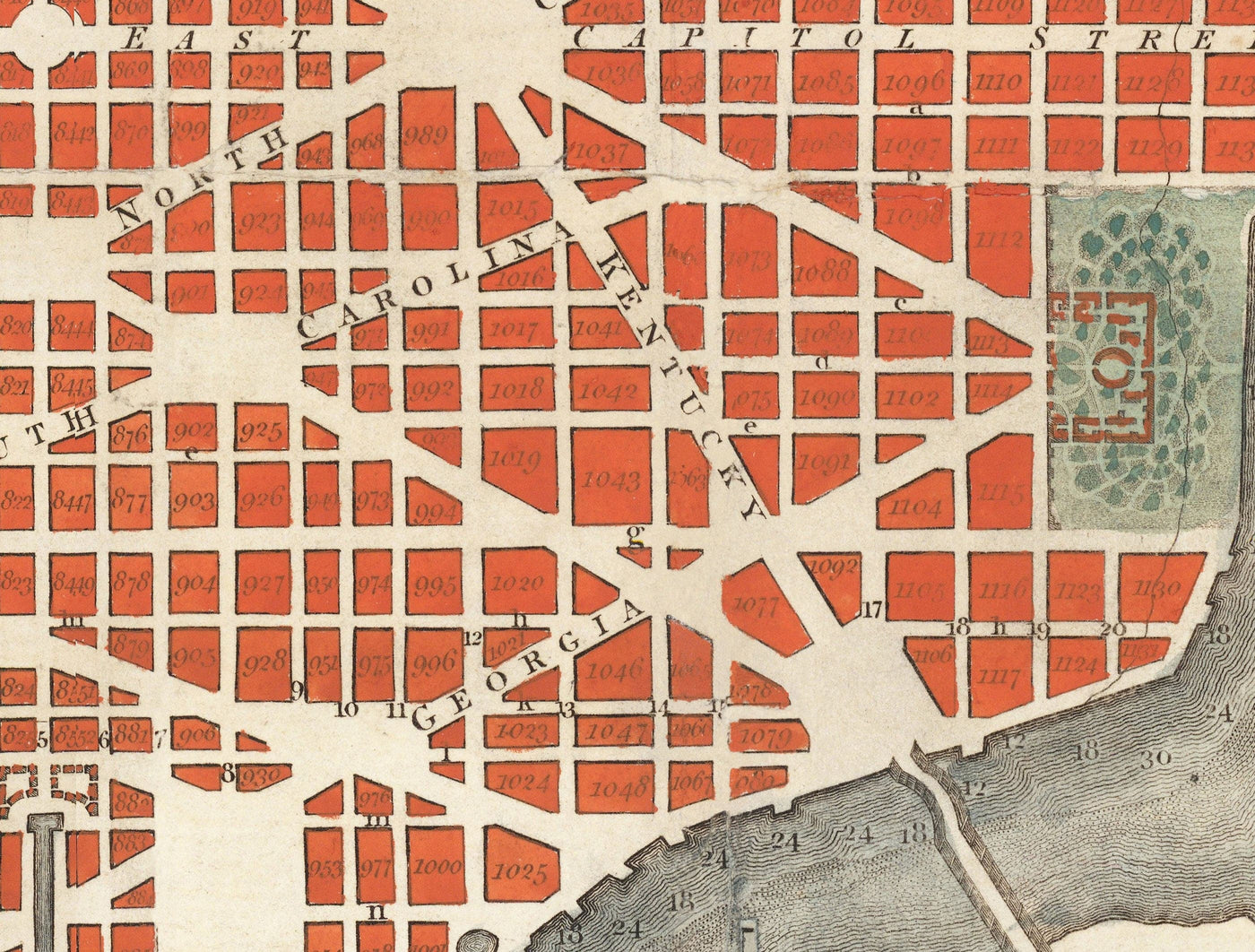 Mapa muy antiguo de Washington DC, 1795 de John Russell - Georgetown, Casa Blanca, Capitolio, Casa Blanca, Plan de la Ciudad