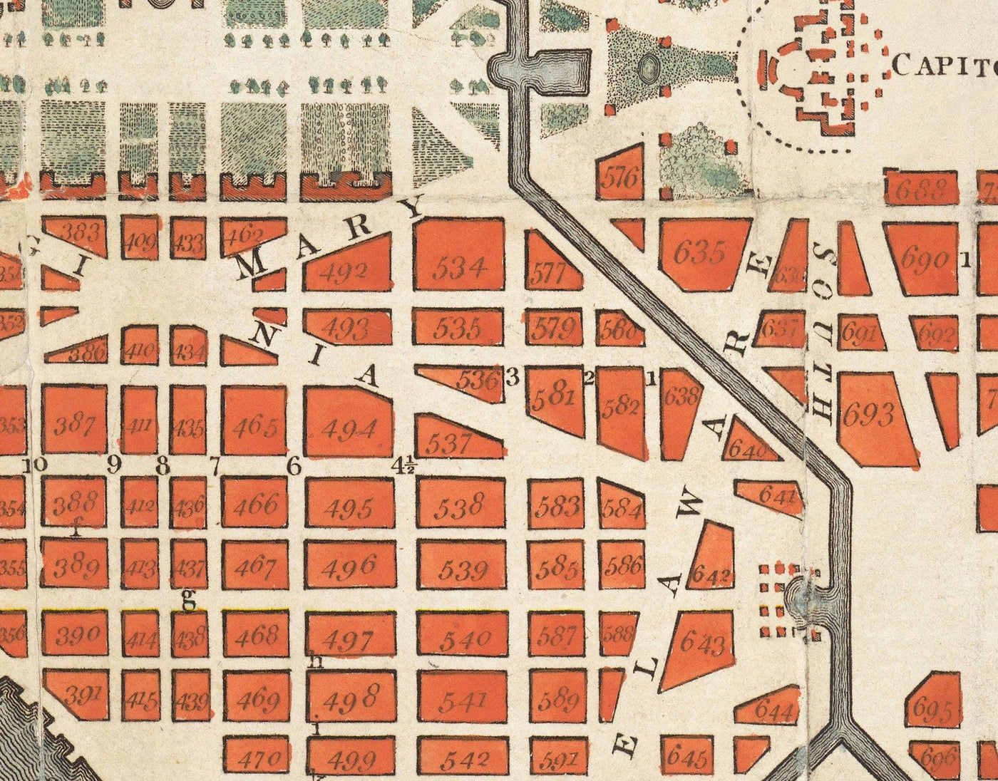 Mapa muy antiguo de Washington DC, 1795 de John Russell - Georgetown, Casa Blanca, Capitolio, Casa Blanca, Plan de la Ciudad