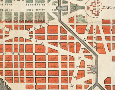 Mapa muy antiguo de Washington DC, 1795 de John Russell - Georgetown, Casa Blanca, Capitolio, Casa Blanca, Plan de la Ciudad