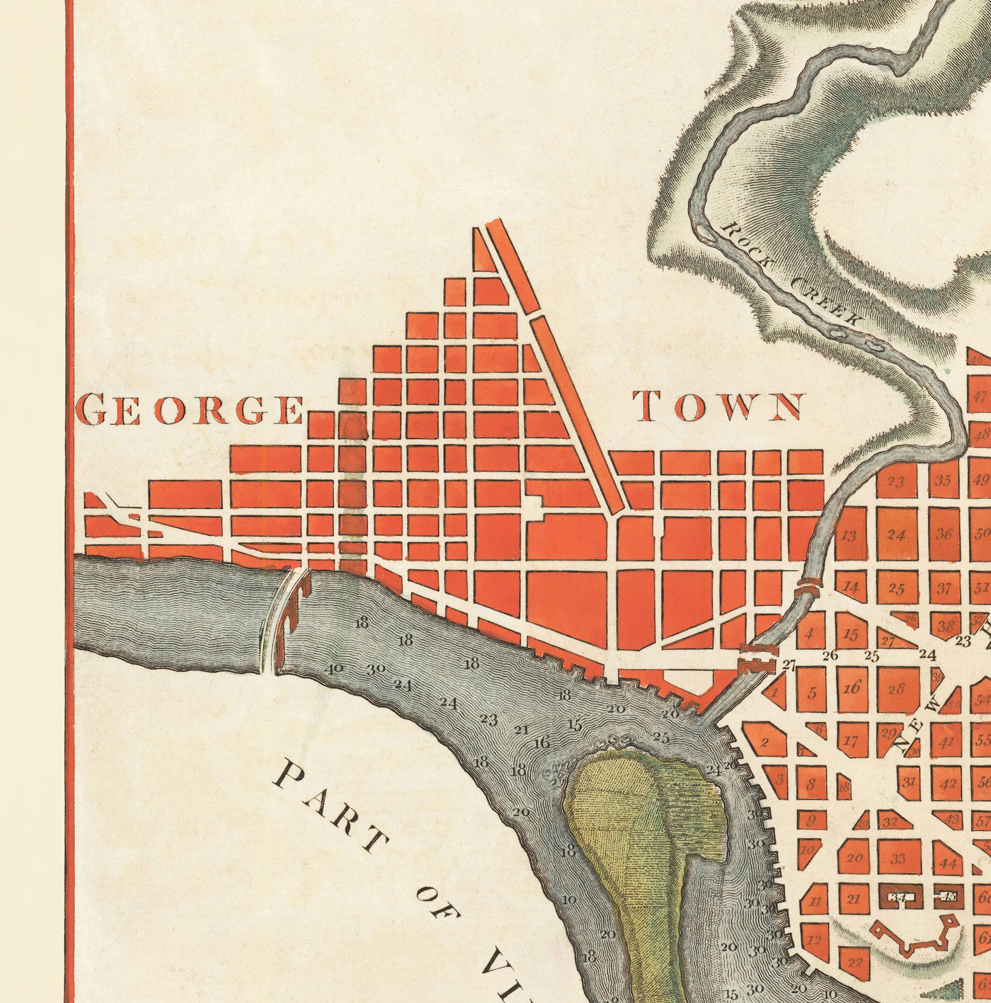 Mapa muy antiguo de Washington DC, 1795 de John Russell - Georgetown, Casa Blanca, Capitolio, Casa Blanca, Plan de la Ciudad