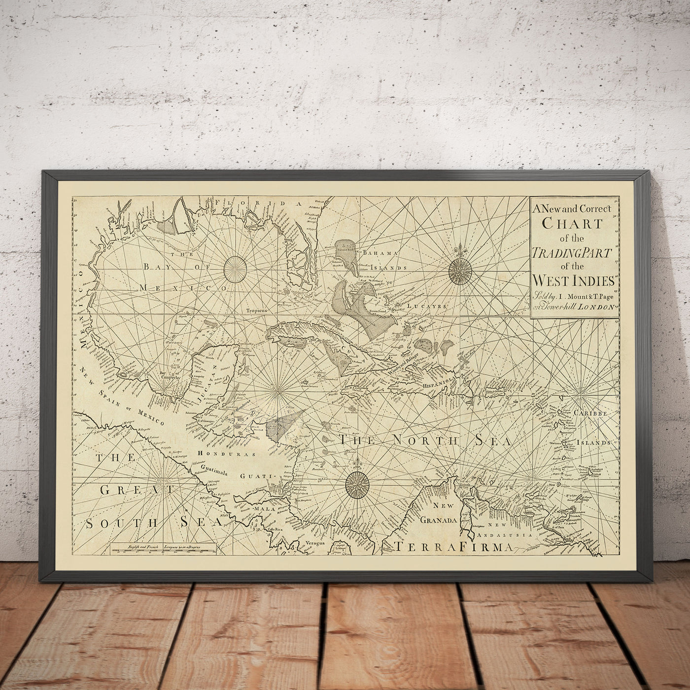 Alte Westindische Navigationskarte, 1730 von Page & Mount - Bahamas, Golf von Mexiko, Mittelamerika 