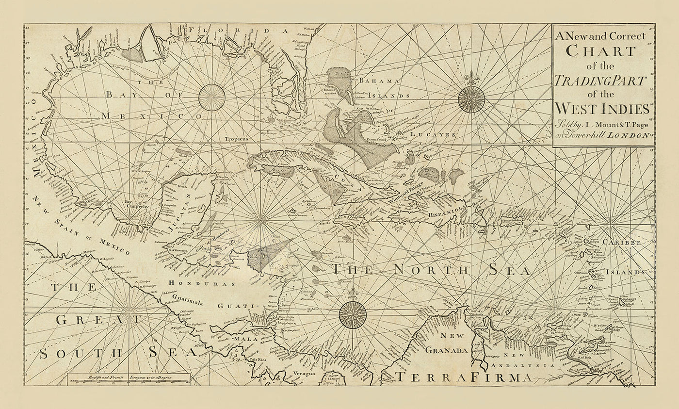 Alte Westindische Navigationskarte, 1730 von Page & Mount - Bahamas, Golf von Mexiko, Mittelamerika 