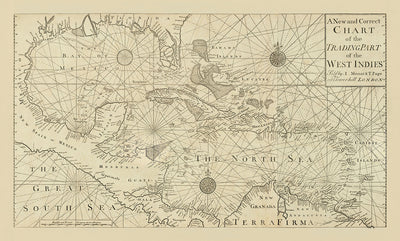 Alte Westindische Navigationskarte, 1730 von Page & Mount - Bahamas, Golf von Mexiko, Mittelamerika 
