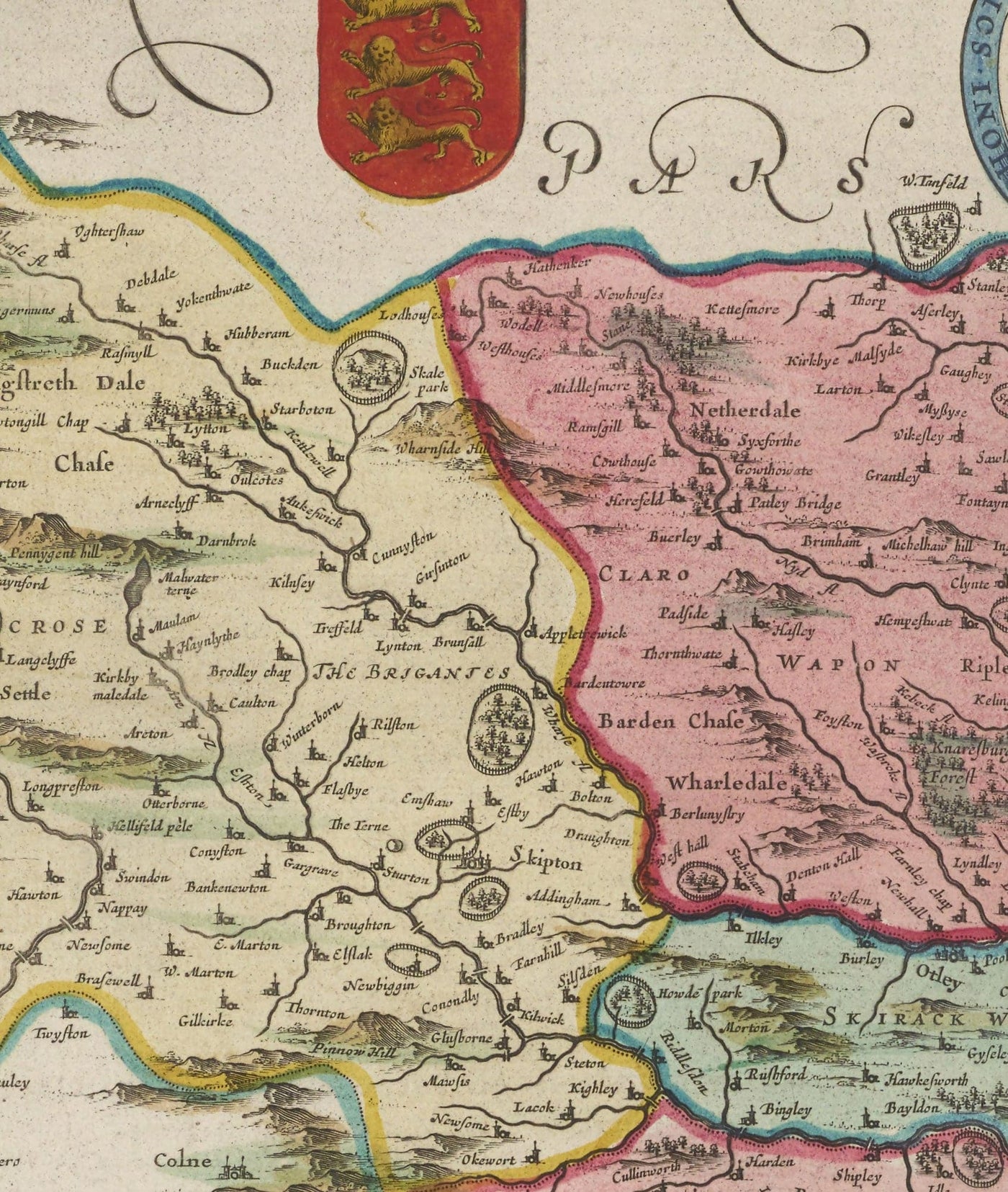 Old Map of West Yorkshire, 1665 by Joan Blaeu - York, Bradford, Sheffield, Leeds, Huddersfield, Halifax, Wakefield