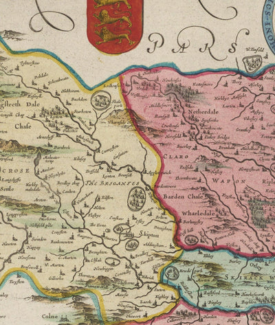 Old Map of West Yorkshire, 1665 by Joan Blaeu - York, Bradford, Sheffield, Leeds, Huddersfield, Halifax, Wakefield