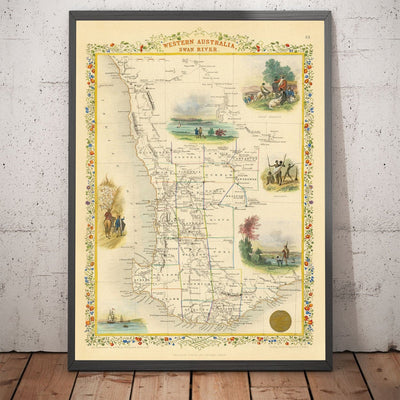 Mapa antiguo de Australia Occidental, 1851 por Tallis & Rapkin - Colonia Británica del Río Swan, Perth, Peel, Bunbury, Fremantle