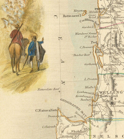 Mapa antiguo de Australia Occidental, 1851 por Tallis & Rapkin - Colonia Británica del Río Swan, Perth, Peel, Bunbury, Fremantle