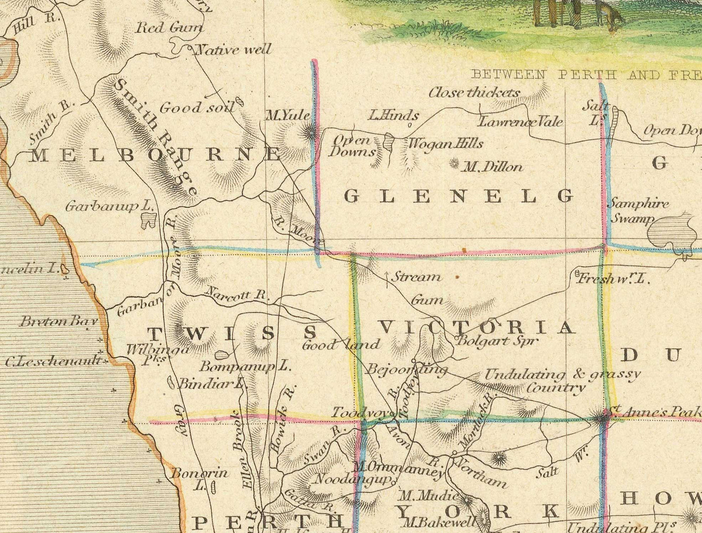 Mapa antiguo de Australia Occidental, 1851 por Tallis & Rapkin - Colonia Británica del Río Swan, Perth, Peel, Bunbury, Fremantle