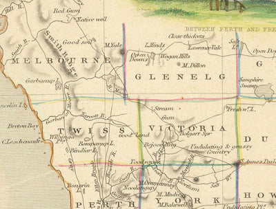 Mapa antiguo de Australia Occidental, 1851 por Tallis & Rapkin - Colonia Británica del Río Swan, Perth, Peel, Bunbury, Fremantle