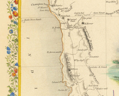 Mapa antiguo de Australia Occidental, 1851 por Tallis & Rapkin - Colonia Británica del Río Swan, Perth, Peel, Bunbury, Fremantle