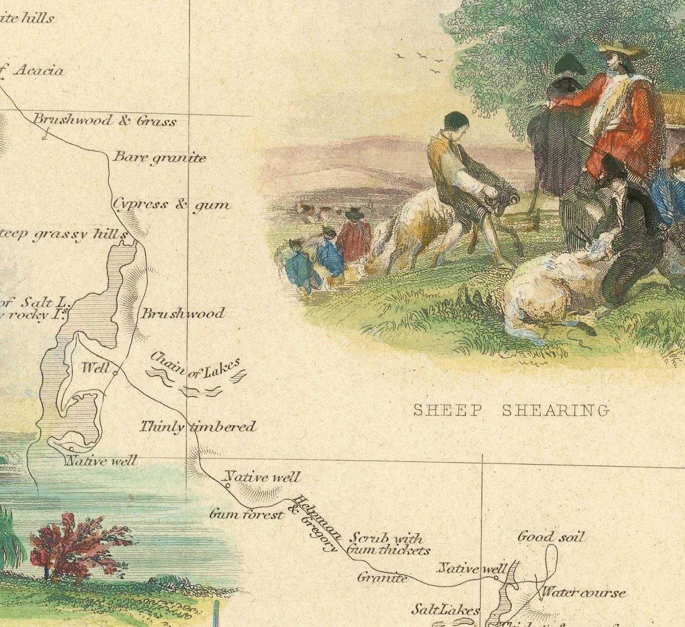 Mapa antiguo de Australia Occidental, 1851 por Tallis & Rapkin - Colonia Británica del Río Swan, Perth, Peel, Bunbury, Fremantle