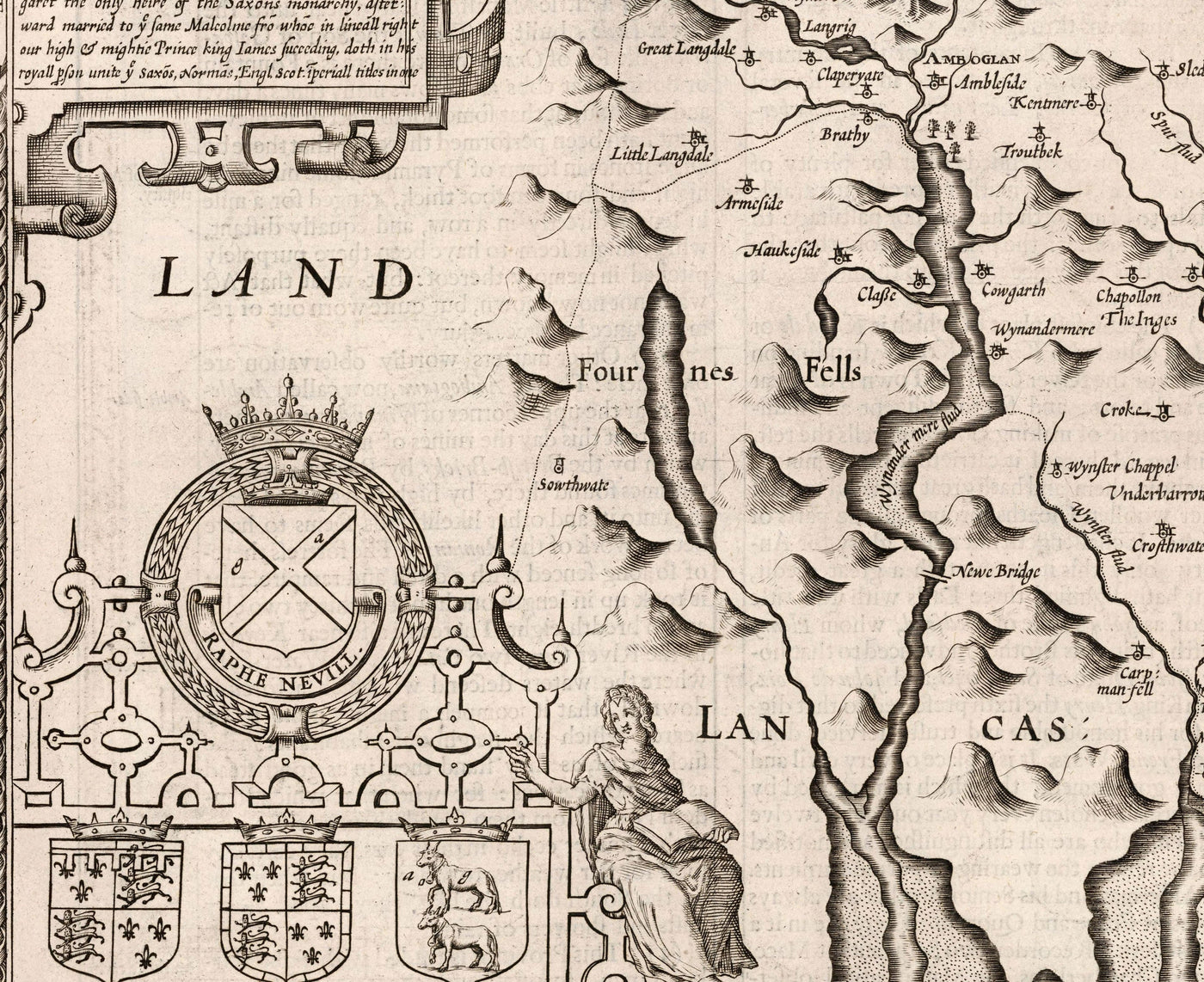 Alte monochrome Karte von Westmorland, 1611 von John Speed - Lake District, Cumbria, Kendal, Windermere, Grasmere 