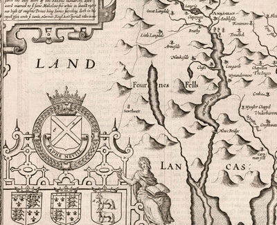 Alte monochrome Karte von Westmorland, 1611 von John Speed - Lake District, Cumbria, Kendal, Windermere, Grasmere 