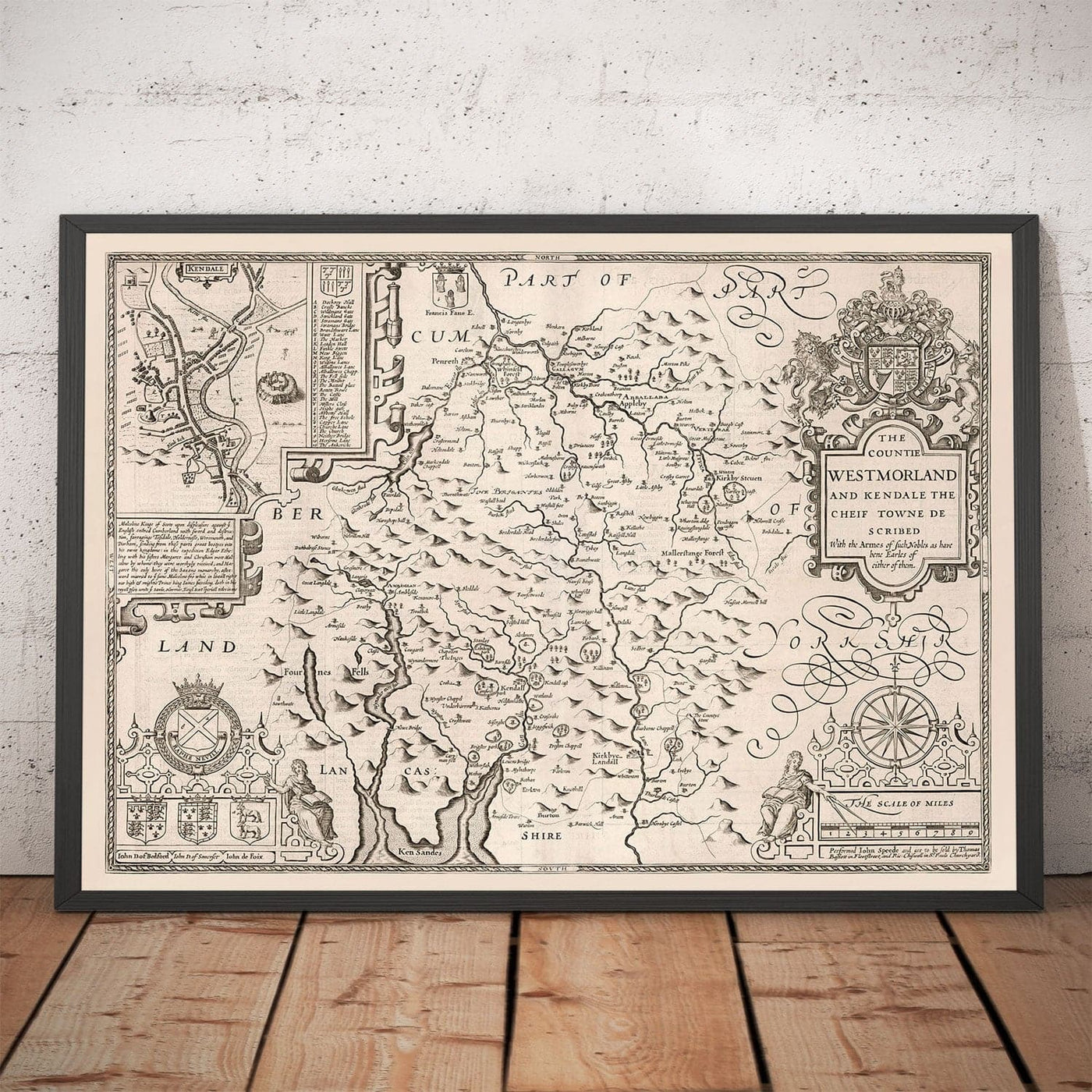 Alte monochrome Karte von Westmorland, 1611 von John Speed - Lake District, Cumbria, Kendal, Windermere, Grasmere 